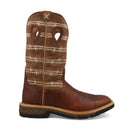 A side view of a 12-inch brown and tan Twisted X Western work boot with CellStretch technology, featuring a square toe and a rubber outsole.