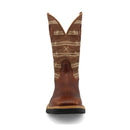 A front view of a 12-inch brown and tan Twisted X Western work boot with CellStretch technology, featuring a square toe and a rubber outsole.