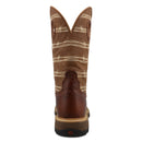 A heel view of a 12-inch brown and tan Twisted X Western work boot with CellStretch technology, featuring a square toe and a rubber outsole.