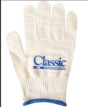 Back of the glove photo showing the Classic Rope logo and wrist border in blue to indicate size medium.