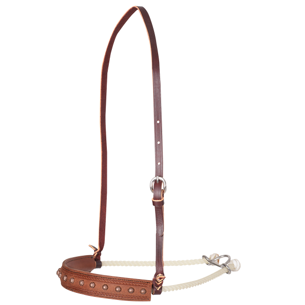 Martin Saddlery Single Rope Noseband with Rope Border and Copper Parachute Spots. Side view.