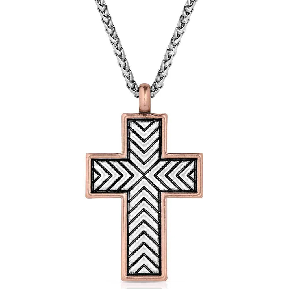 Antiqued Silver Cross-shaped pendant with chevron pattern on a 25 inch chain with a Copper border from Montana Silversmiths. Front View