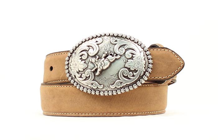 A youth-sized brown distressed leather western belt with an antiqued metal buckle featuring a bull rider design.
Front view.