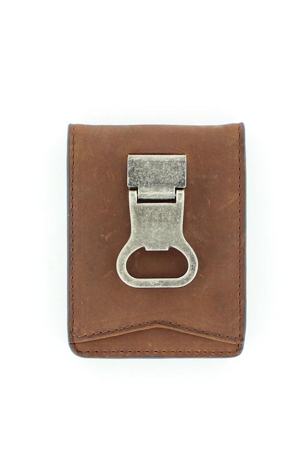 A medium brown distressed leather bi-fold wallet with a bottle cap money clip on the front. Front view.