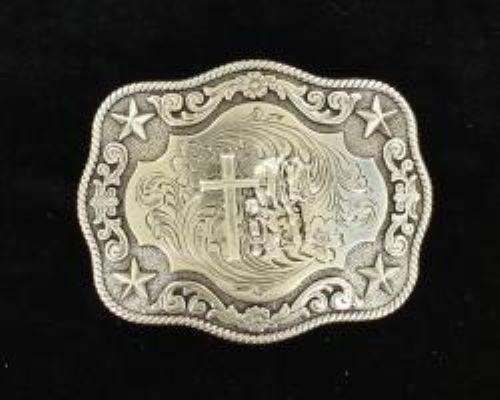 Nocona Men's Antique Silver Belt Buckle Cowboy Prayer Motif