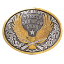 An oval-shaped belt buckle with a depiction of an eagle, double guns, and the phrase 'The Right to Keep and Bear Arms' accented with a star, in antique silver and gold finishes.