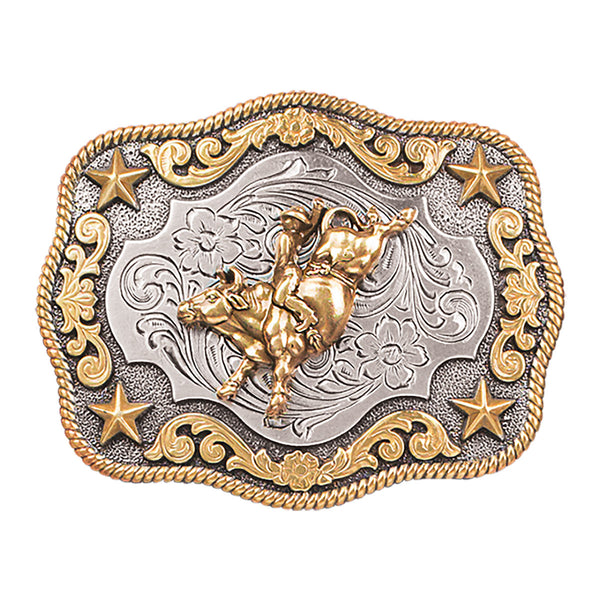 Youth Nocona Antique Silver\Antique Gold Bull Rider Belt Buckle