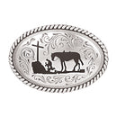Silver tone belt buckle with rope edge design featuring a cowboy kneeling at a cross with a horse behind him, on a scroll background.