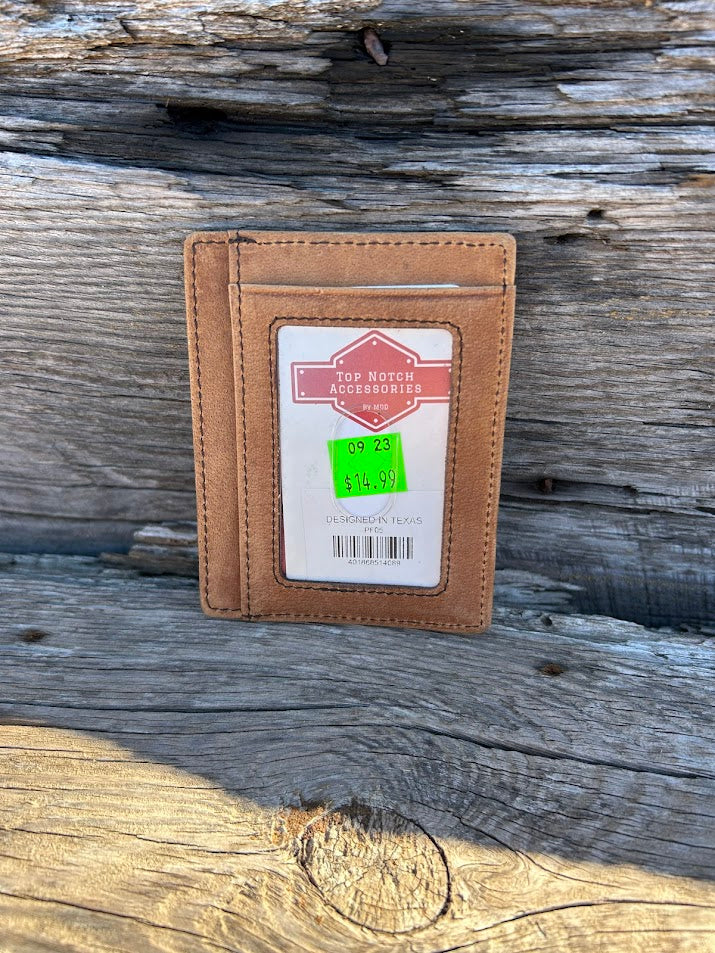 Light Brown crazy horse leather front pocket wallet with six card slots and a ID window. It has RFID blocking. 