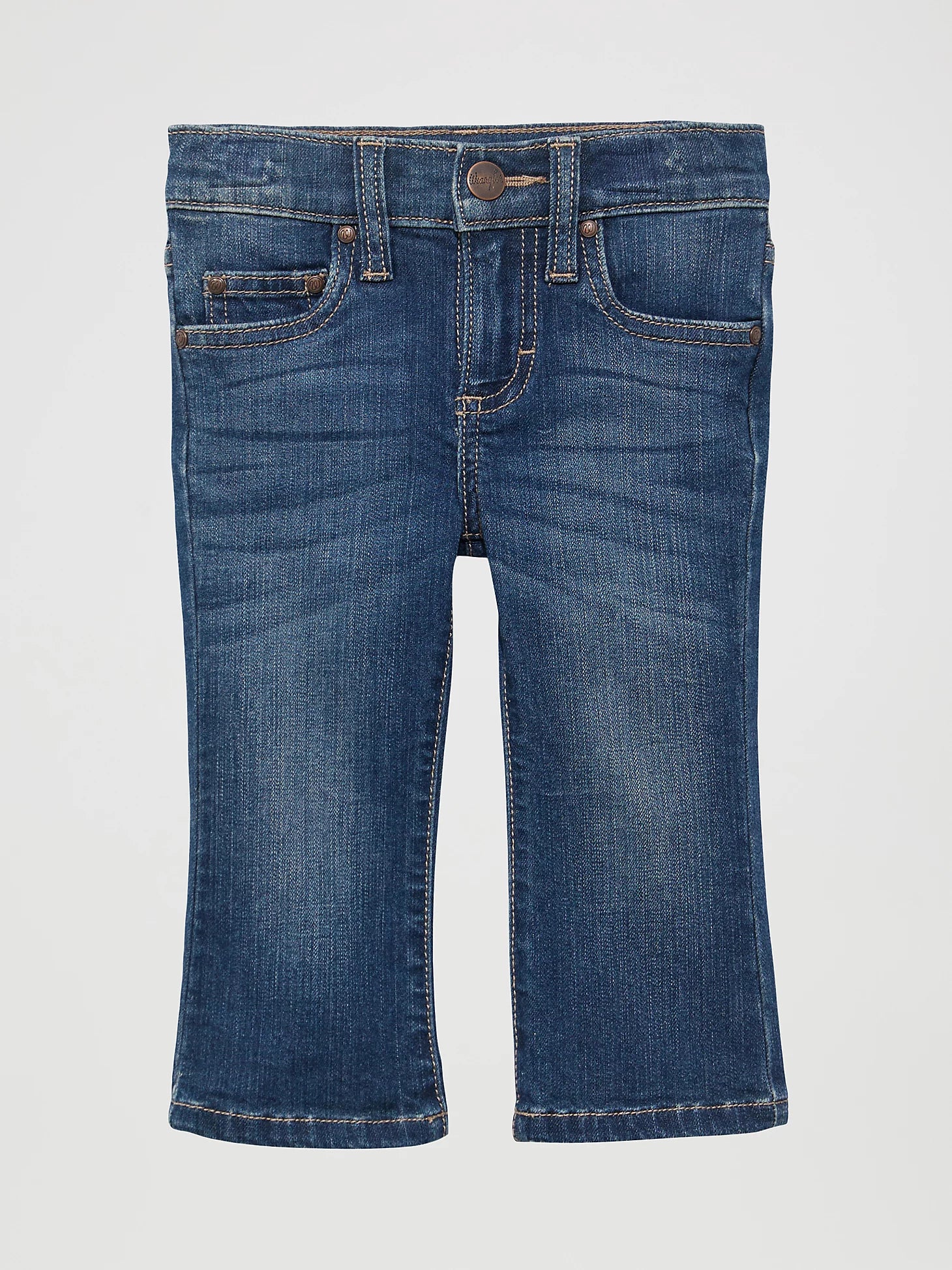Front view of Wrangler baby girl blue jeans.