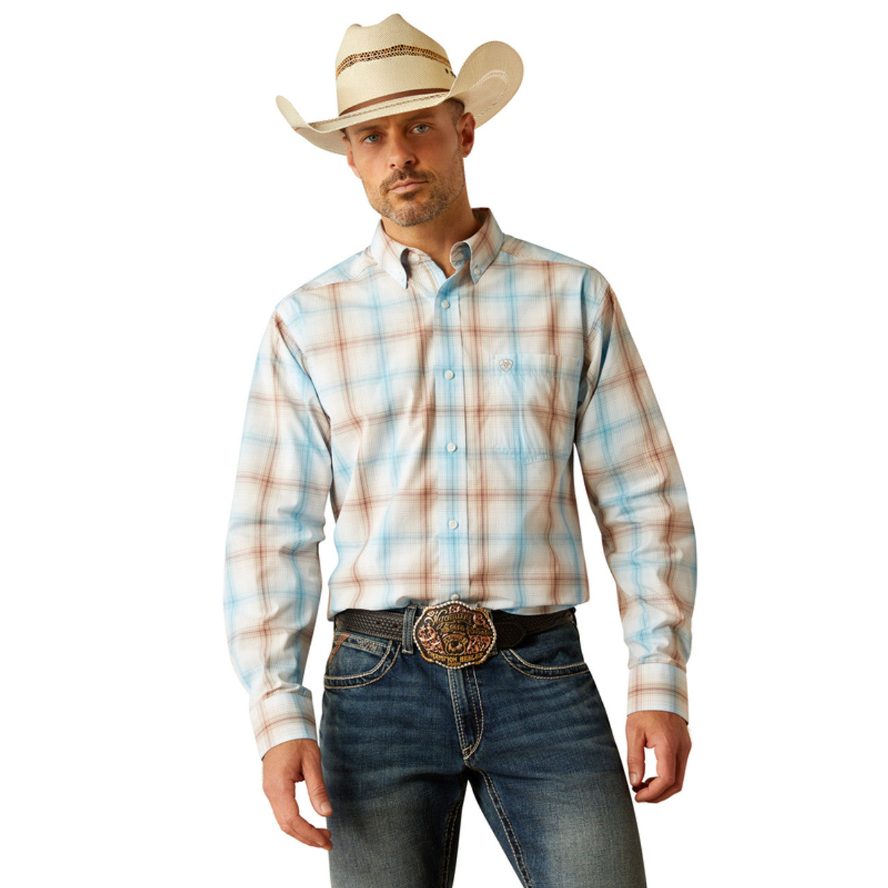 Men's Ariat long sleeve Western style shirt in Light Brown Plaid. 