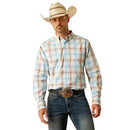 Men's Ariat long sleeve Western style shirt in Light Brown Plaid. 