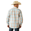 Men's Ariat long sleeve Western style shirt in Light Brown Plaid. Rear view showing shirt untucked and Ariat logo. 