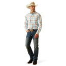 Men's Ariat long sleeve Western style shirt in Light Brown Plaid. Full front view showing shirt tucked. 