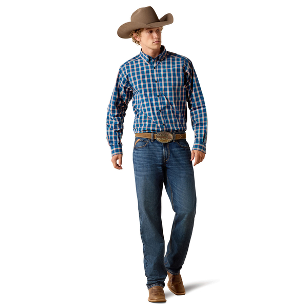 Men's Ariat long sleeve shirt in Poseidon Plaid a blue and red plaid.  Full front view of shirt on model. 