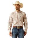 Men's Ariat Pro Series long sleeve shirt in Light Brown Plaid. Front view showing shirt tucked in. 
