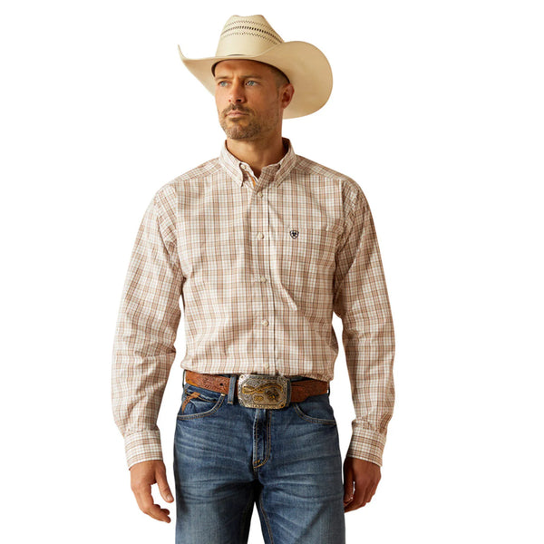 Men's Ariat Pro Series long sleeve shirt in Light Brown Plaid. Front view showing shirt tucked in. 
