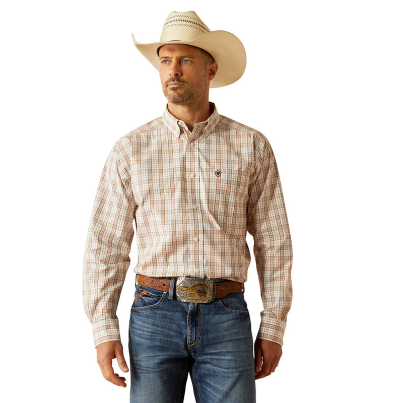 Men's Ariat Pro Series long sleeve shirt in Light Brown Plaid. Front view showing shirt tucked in. 