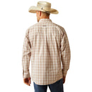 Men's Ariat Pro Series long sleeve shirt in Light Brown Plaid. Rear view showing shirt untucked and blocked Ariat logo on back yoke. 