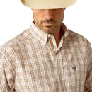 Men's Ariat Pro Series long sleeve shirt in Light Brown Plaid. Close up of front collar showing coordinating taped placket and back neck seam. 