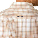 Men's Ariat Pro Series long sleeve shirt in Light Brown Plaid. Close up of back showing block Ariat logo on yoke. 