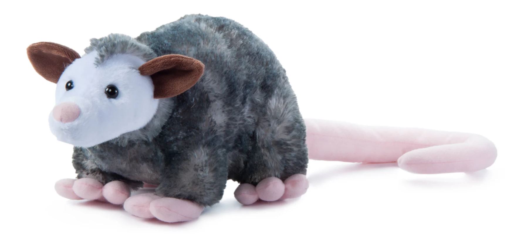 A plush toy possum with soft gray fur, a long curled tail, and a pink button nose. It has brown ears and is designed to look realistic.