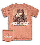 A Fieldstone Branded short sleeve pocket t-shirt with a graphic print of a dog holding a duck in its mouth.
