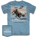 Fieldstone brand short sleeve pocket t-shirt with a graphic print of a retriever dog in a watery setting, with a hunting scene, and ducks flying over.