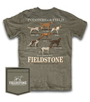 Fieldstone branded green short sleeve pocket t-shirt with pictures and names of different breds of Pointers. Fieldstone logo on front left chest pocket.