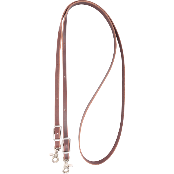 A chocolate brown latigo leather roping rein with metal buckles and double snaps.