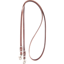 A chocolate brown latigo leather roping rein with metal buckles and double snaps.