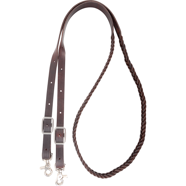 A brown, 5 plait braided latigo roping rein with double stainless steel buckles and double snaps.