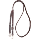 A brown, 5 plait braided latigo roping rein with double stainless steel buckles and double snaps.