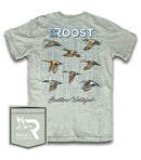 Gray Fieldstone branded short-sleeved pocket t-shirt with a graphic print of waterfowl in flight and the text 'Roost Southern Waterfowl'. The front of the shirt also features a brand tag with the logo 'R'.