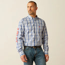 Men's Ariat Pro Series long sleeve shirt in Navy Red Plaid. Front view showing shirt tucked in and bold Ariat logo across right sleeve. 