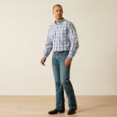 Men's Ariat Pro Series long sleeve shirt in Navy Red Plaid. Full front view showing shirt tucked in.