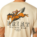 Men's Ariat short sleeve graphic tee in Natural. Close up of back graphic showing Bronc rider and Ariat logo. 