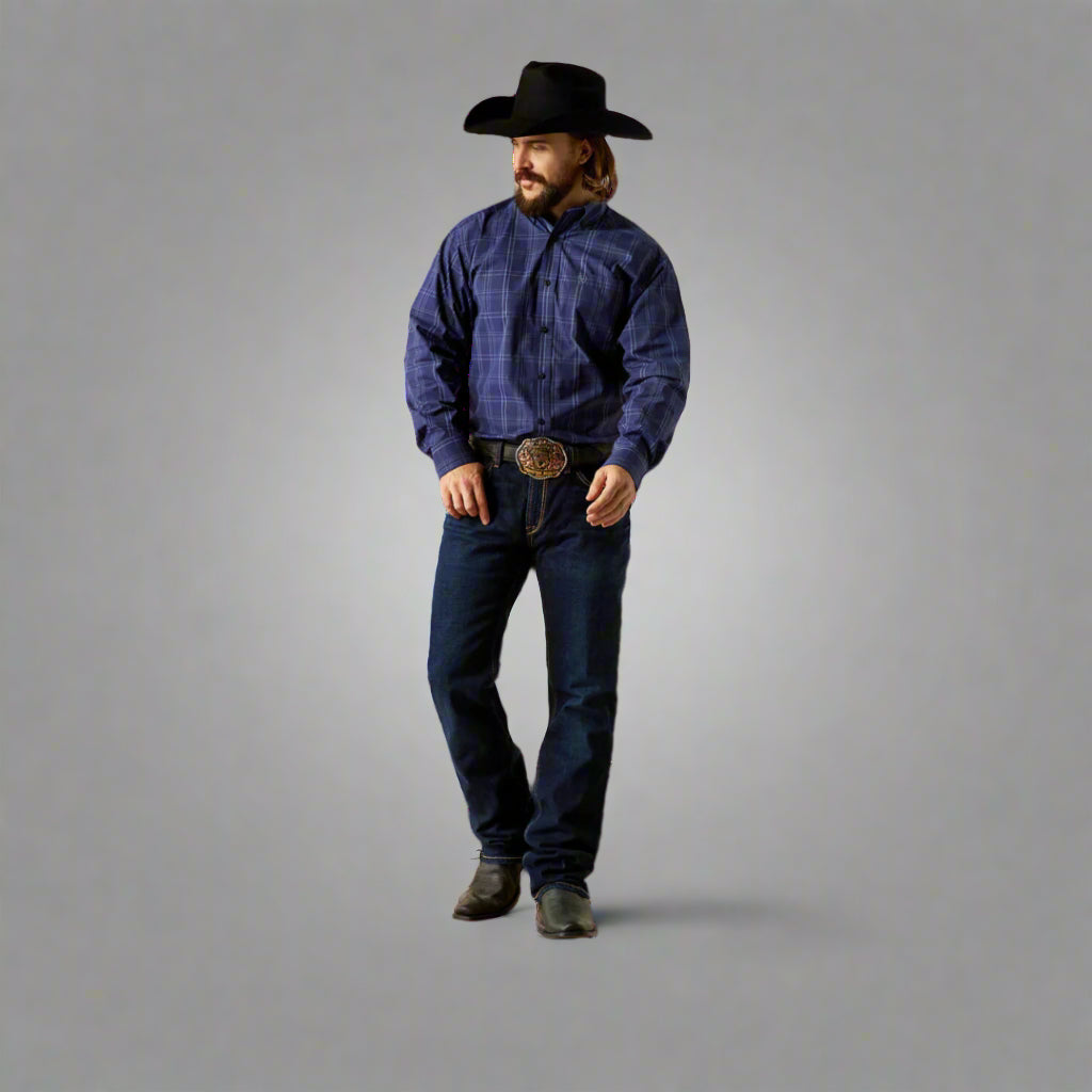 Men's Ariat long sleeve classic fit shirt in Navy. Full front view showing shirt 
