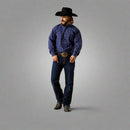 Men's Ariat long sleeve classic fit shirt in Navy. Full front view showing shirt 