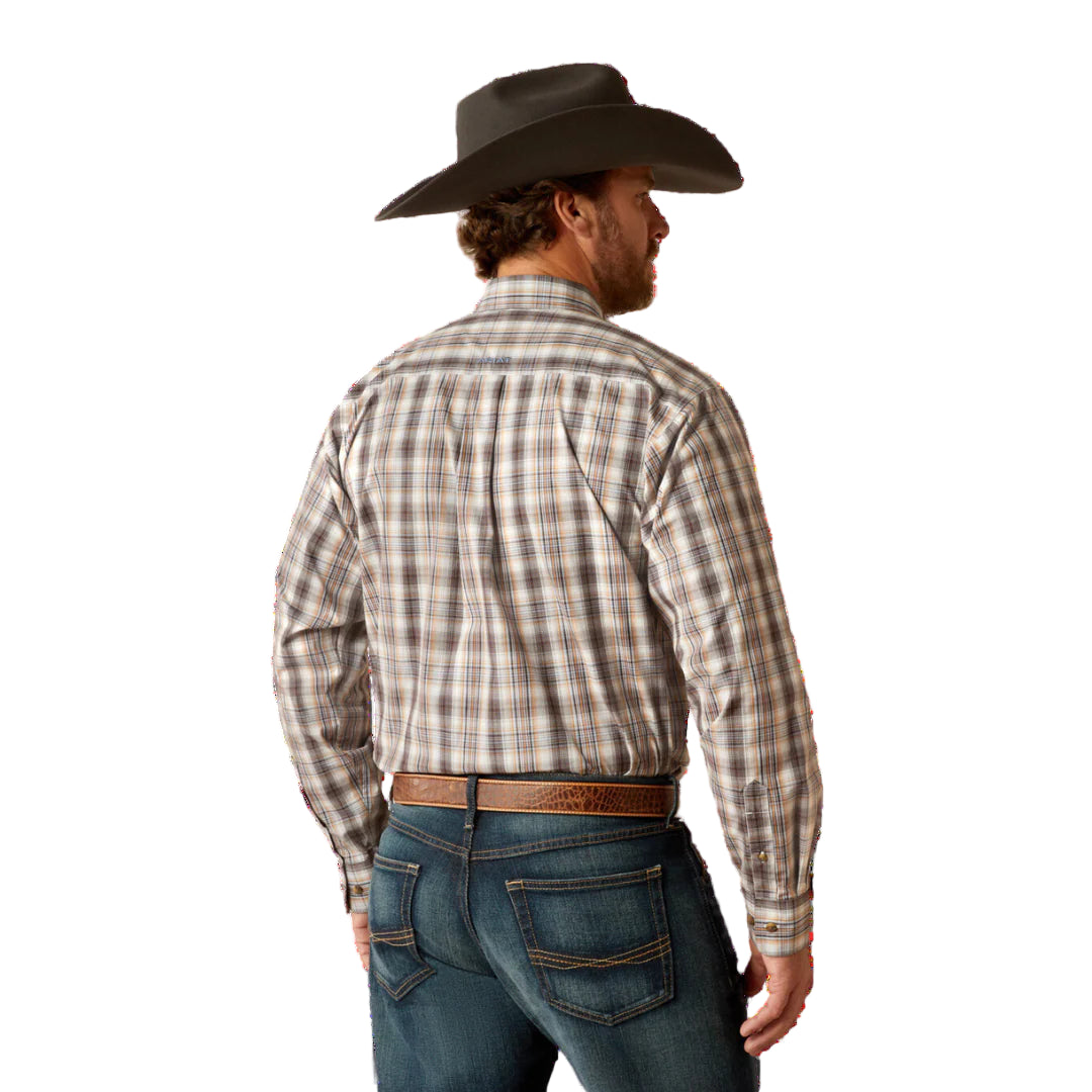 Men's Ariat Pro Series long sleeve shirt in Brown Plaid. Rear View