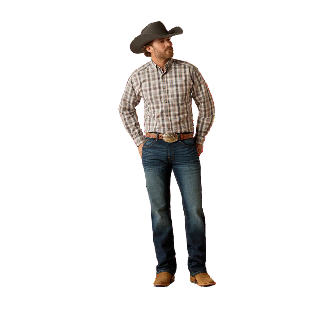 Men's Ariat Pro Series long sleeve shirt in Brown Plaid. Full front view shirt 