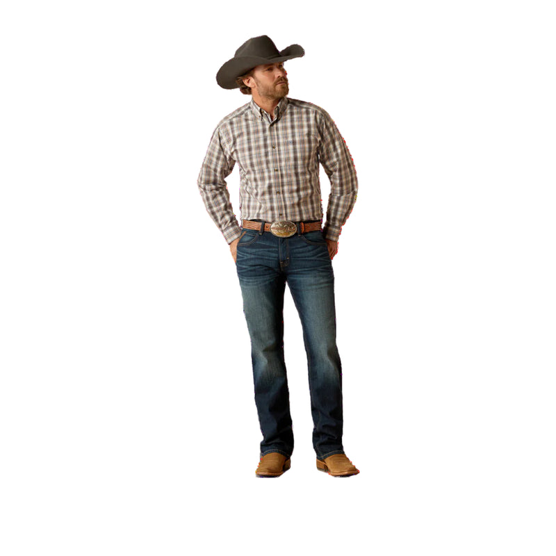 Men's Ariat Pro Series long sleeve shirt in Brown Plaid. Full front view shirt 