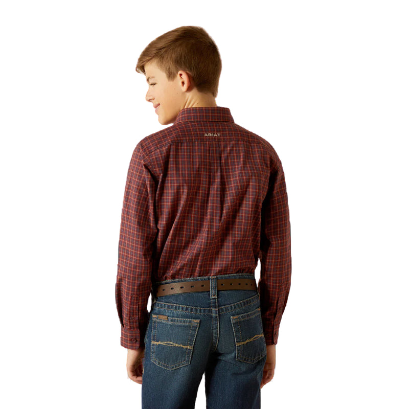 Boy's Ariat Pro series long sleeve shirt in Burgundy Plaid. Rear view showing Ariat logo. 