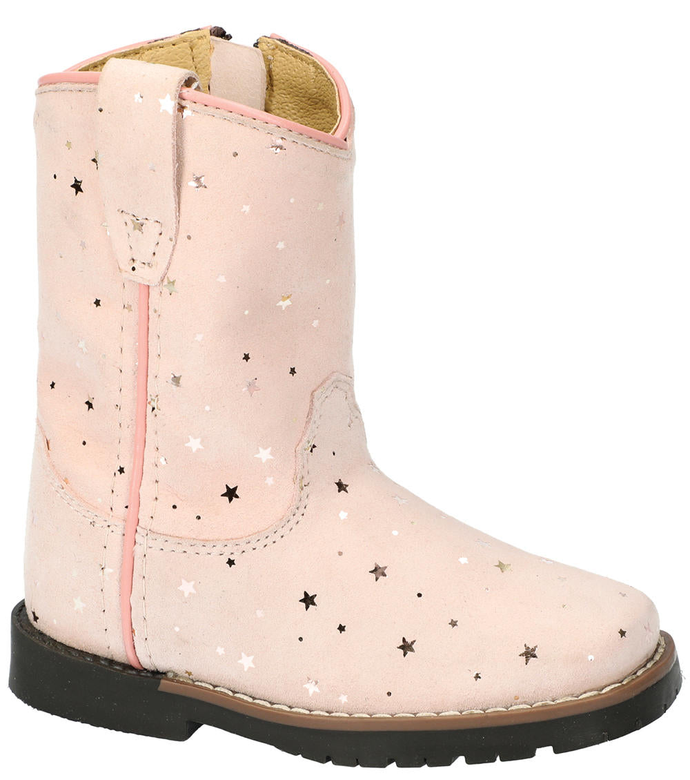 Toddler's pink leather boot with metallic star details and a square toe, featuring a zipper on the side.