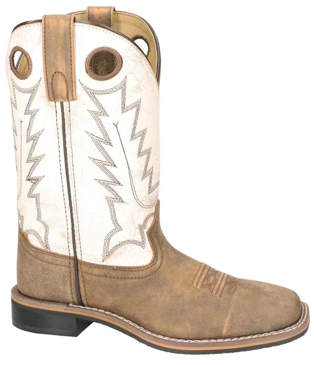 Women's Smoky Mountain brown disressed square toe boot with a cream colored top that has dark brown decorative stitching an d a low heel.