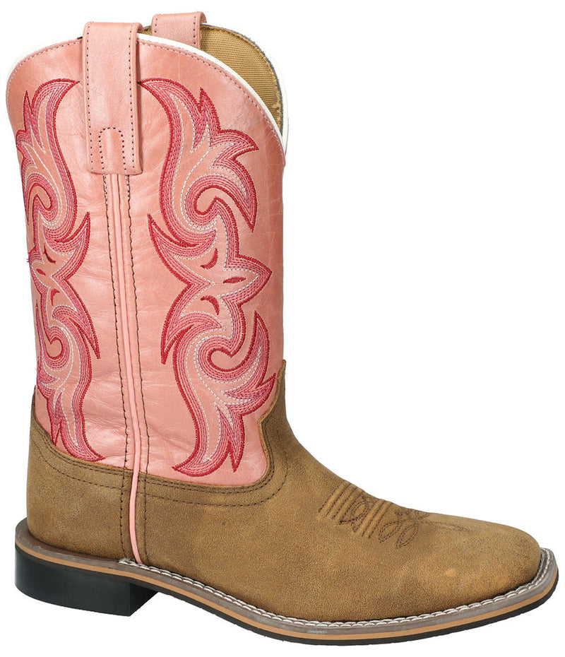 Women's Smoky Mountain 6317 10" Olivia Brown Distress/Pearl Pink Leather Top Wide Square Toe Boot