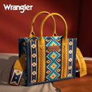 This Mustard and Navy Geometric print tote from Wrangler features a crossbody strap and handles. 