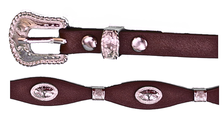 Coffee Brown leather hand band with Longhorn Conchos. Close up view of buckle and conchos. 