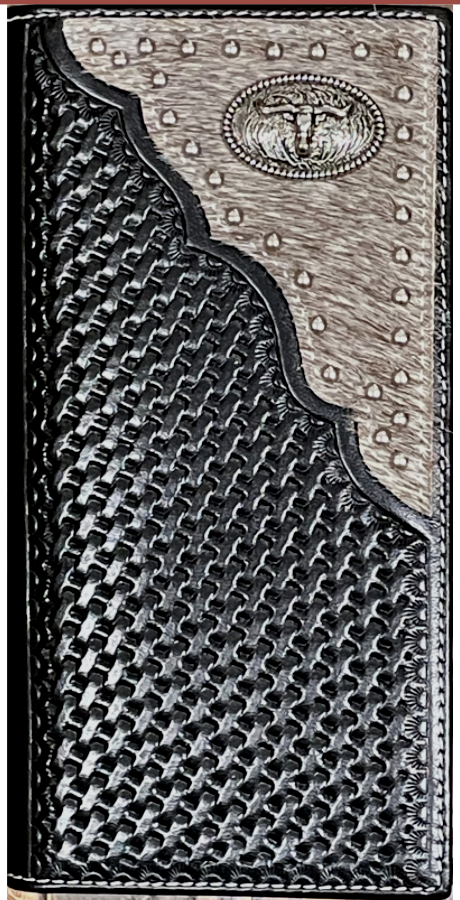 Top Notch Accessories HK501BK Black Hairon/Basketweave Longhorn Concho Wallet