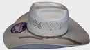 Side view of American Hat company straw cowboy hat with a Up North crown. Highlighting the hand band and American logo.